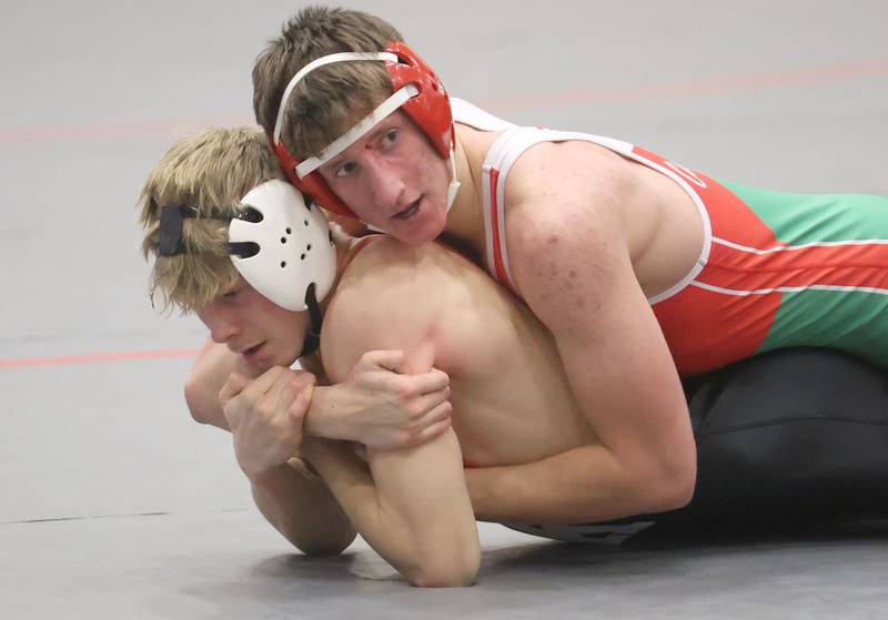 L-P's Calvin Kudela wrestles Kaneland's Ethan Anderson during a meet on Thursday, Jan. 22, 2026 in Sellett Gymnasium at L-P High School.