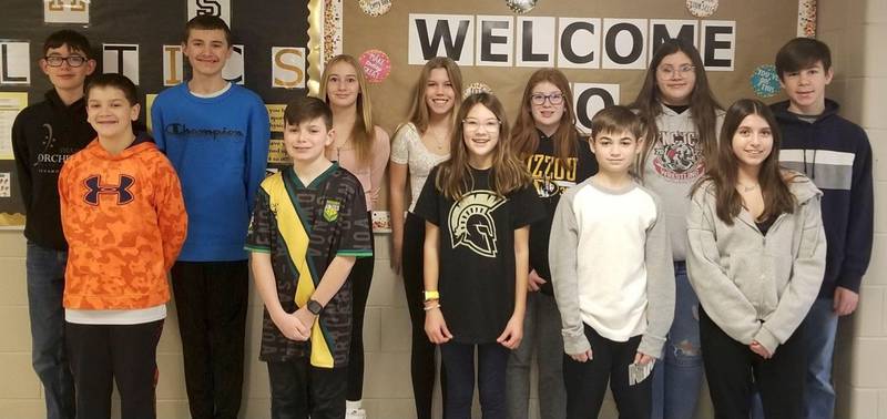 Sycamore Middle School Students of the Month for December. The sixth grade students are Grace Caldwell, Chaz Wright, Ruby Hasselbring and Alex Dusek. The seventh grade students are Kinley McCoy, Jaxson McPheters, Taylor Tilstra and Benjamin Bradac. The eighth grade students are Jared Lanting, Arianny Swanson, Jasmine Enriquez and Caleb Fruit.