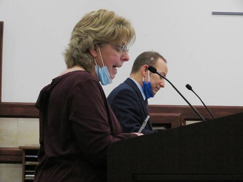 Kendall County Public Defender Victoria Chuffo (left) talks as Kendall County Assistant State's Attorney Mark Schlifka listens during a Monday court hearing for James A. Davidson at Kendall County Courthouse in Yorkville.