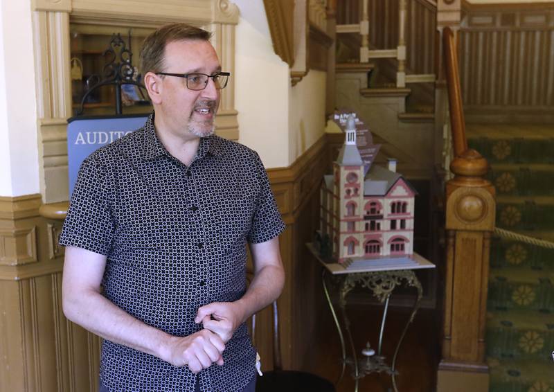 Woodstock Opera House Director Daniel Campbell talks about upcoming renovations to  the Woodstock Opera House on Wednesday May 23, 2024. The opera house will host a special Pre-Renovation Open House on Wednesday, May 29th, from 5 to 7 p.m., before the renovations, made possible by a Rebuild Illinois Grant totaling $2,964,553 for the Downtown Square & Opera House Renovation Projects.