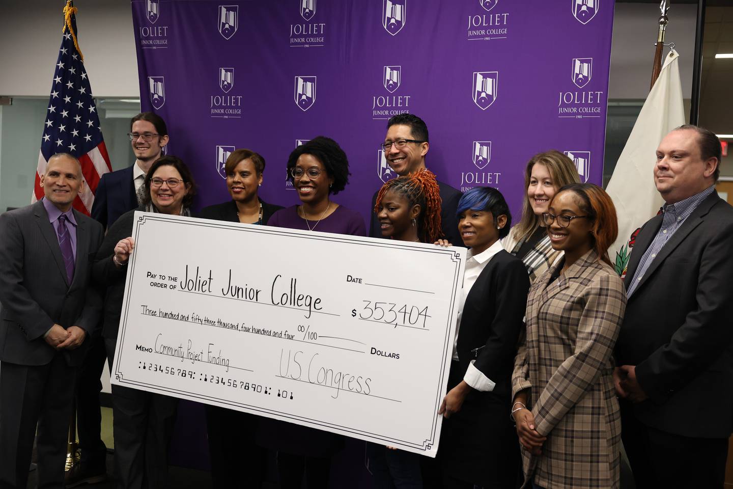 Congresswoman Lauren Underwood presents a check to the Joliet Junior College Entrepreneur and Business Center program at the City Center Campus in Joliet.