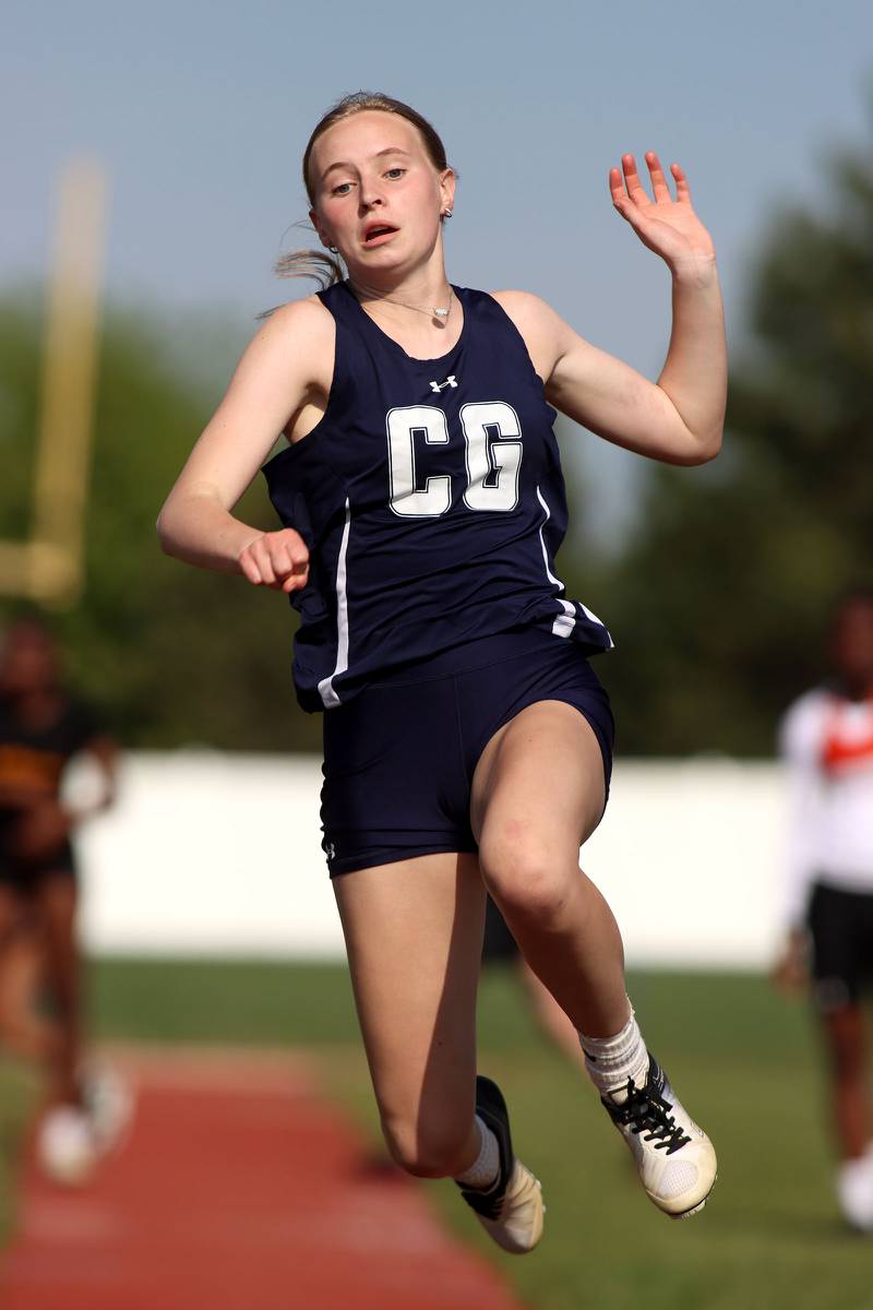 Cary-Grove’s Kristen Streit competes in the triple jump in IHSA Class 3A Girls Sectional Track and Field Meet action at Red Raider Stadium on the campus of Huntley High School in Huntley on Wednesday, May 14, 2025.