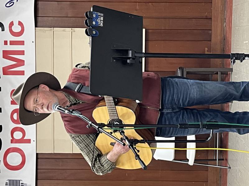 Fred Grant is a popular performer, both as a solo singer/guitarist and as an accompanist for others on fiddle at First Fridays open mics.