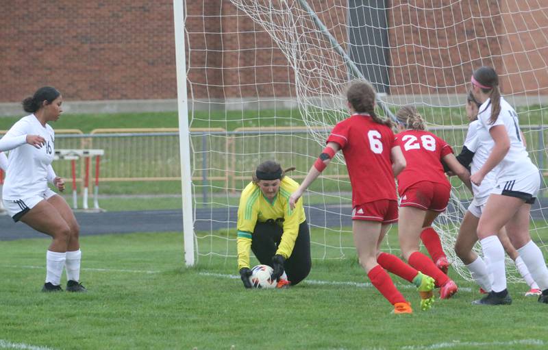 L-P keeper Lily Higgins blocks a shot from Ottawa on Wednesday, April 30, 2025 at King Field in Ottawa.