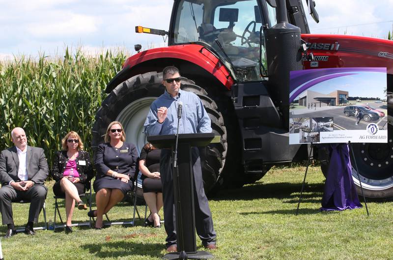 Willard Mott, Agriculture Instructor and Program Co-Coordinator gives remarks during a groundbreaking ceremony of the new Dr. Alfred E. Wisgoski  Agricultural Education on Friday, Aug. 22, 2025 at Illinois Valley Community College in Oglesby. The new building, received a one-million dollar donation from the Wisgoski family, funds from the federal Economic Development Administration and the state of Illinois Department of Commerce and Economic Opportunity, will not only provide physical spaces that reflect the program’s growth, innovation, and capabilities, but the IVCC Agricultural Education Center will also serve as a focal point for agricultural industry activities within the community. The building will take one-year to complete.