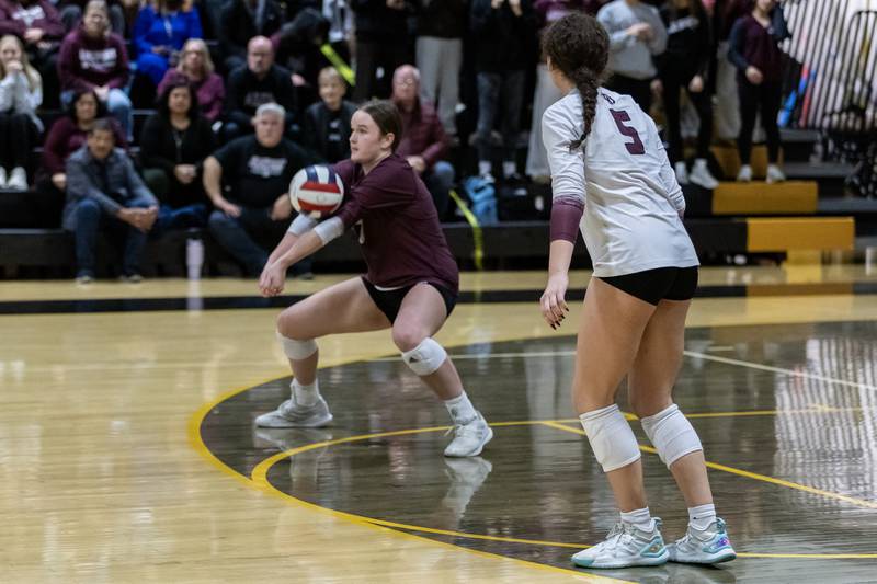 Lockport's Bridget Ferriter passes to a teammate during a 4A Sectional Finals varsity volleyball game against Joliet West at Joliet West on Nov. 6, 2025.