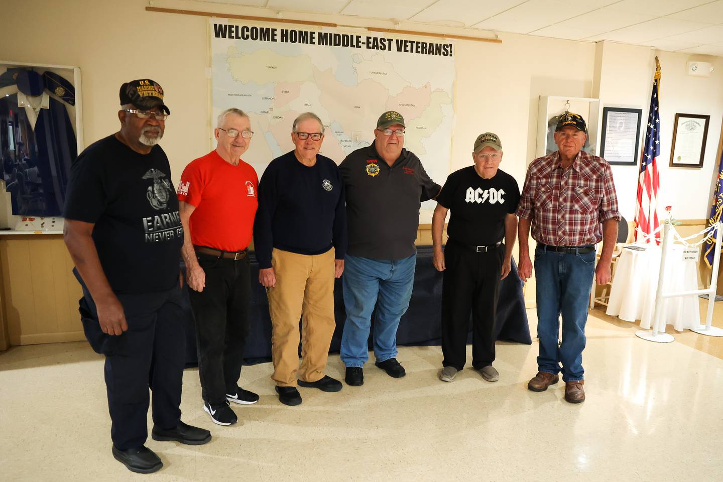VFW Cantigny Post 367 members Charles King, left to right, Don Kraus, Jim Clausen, Lou Smith, Larry Brooks and Chuck Shepard poses for a photo in Joliet on Friday, Oct. 20.