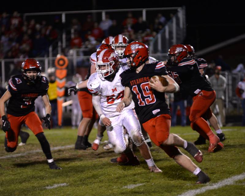 Fulton's Jonah Lutz (19) runs for a gain against Morrison on Friday, Oct. 25, 2024 in Fulton.
