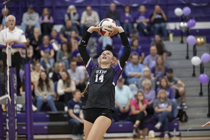 Dixon’s Leah Carlson sets the ball against Winnebago Tuesday, Oct. 22, 2024, in Dixon.