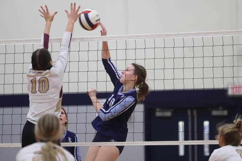 Plainfield South’s Sam Cartwright hits a shot against Morris on Monday, Sept. 25, 2023 in Plainfield.