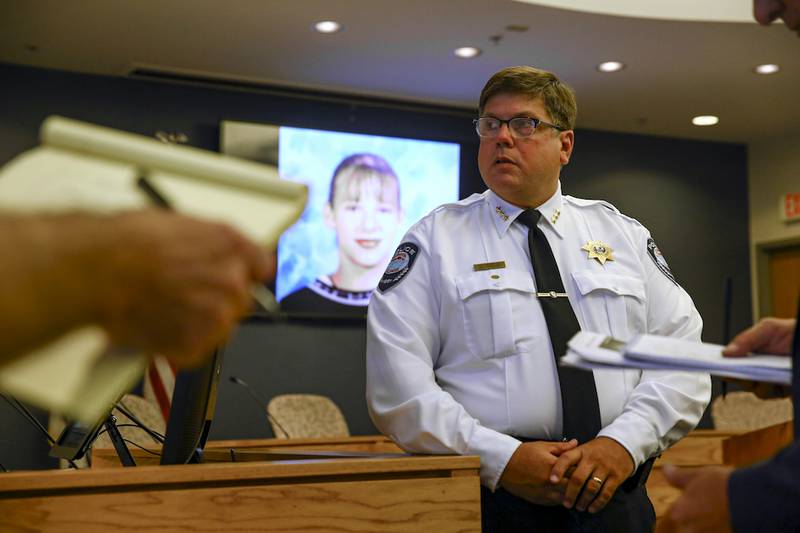 Channahon Police Chief Jeff Wold answers questions from the media Monday after a press conference announcing new evidence in the Nicole Bowers investigation. Bowers, whose remains were discovered in 2003, was reported missing in 2000.