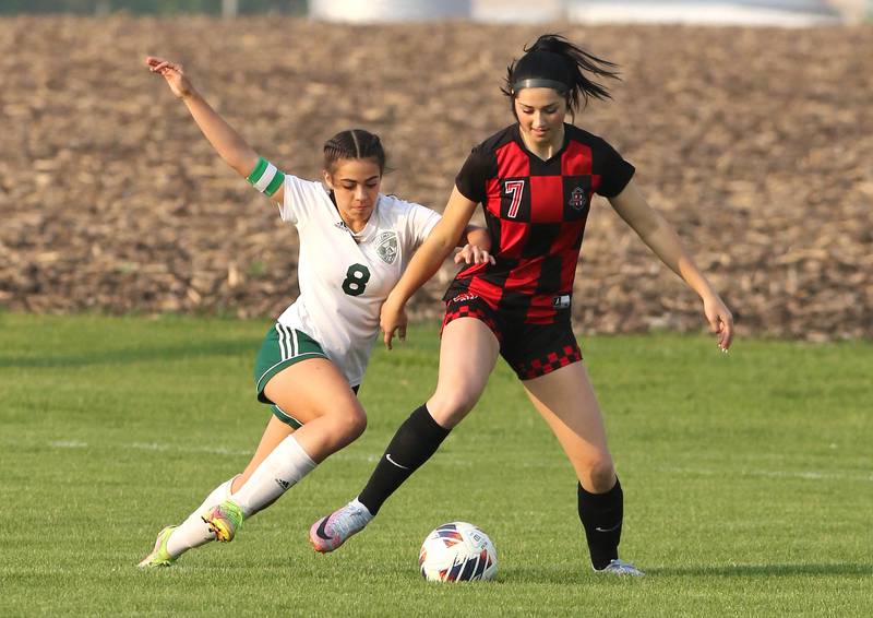 Indian Creek's Emma Wilson (right) tries to hold off Alleman's Eliza Kramer during their Class 1A sectional final game Friday, May 19, 2023, at Hinckley-Big Rock High School.