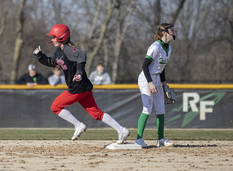 Forreston’s McKenna Rummel rounds second for a lead-off triple against Rock Falls Thursday, March 28, 2024 at Rock Falls High School.