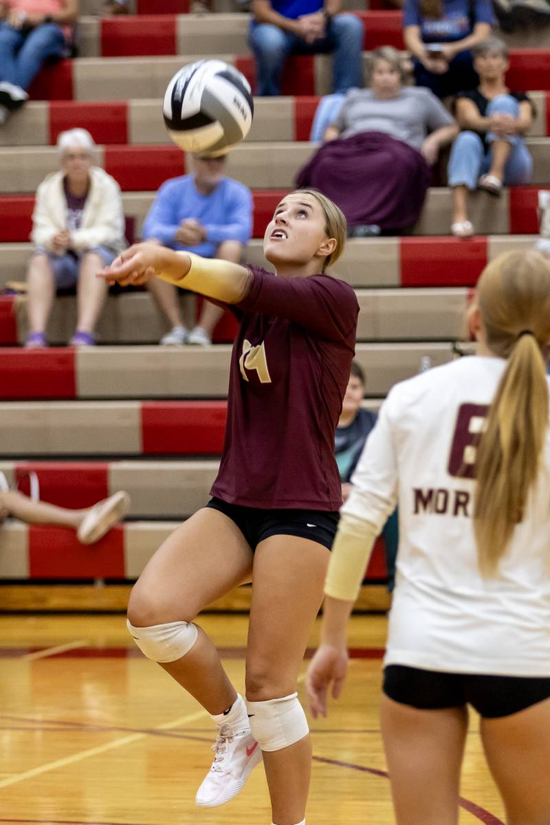 Morris's Alyssa Jepson takes control of the ball during a varsity volleyball away game against Plainfield North on Sept. 2, 2025.