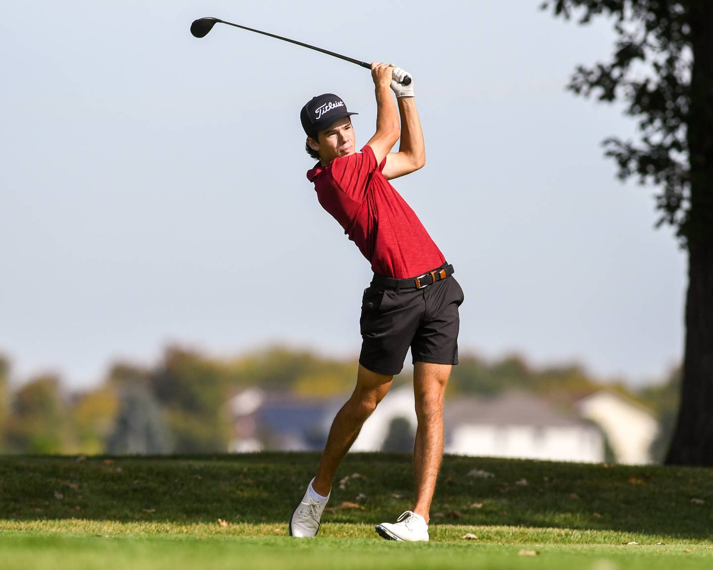 Patrick Cosgrove of Plainfield North watches his tee shot on Wednesday Oct. 1, 2025, during the Plainfield Central regional held at Wedgewood Golf Course in Plainfield.
