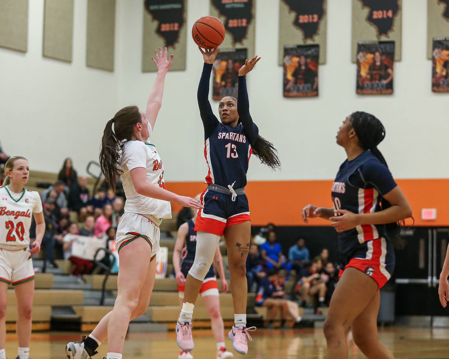 Romeoville's Jadea Johnson (13) puts up a shot during basketball game between Romeoville at Plainfield East. Feb 8, 2024.