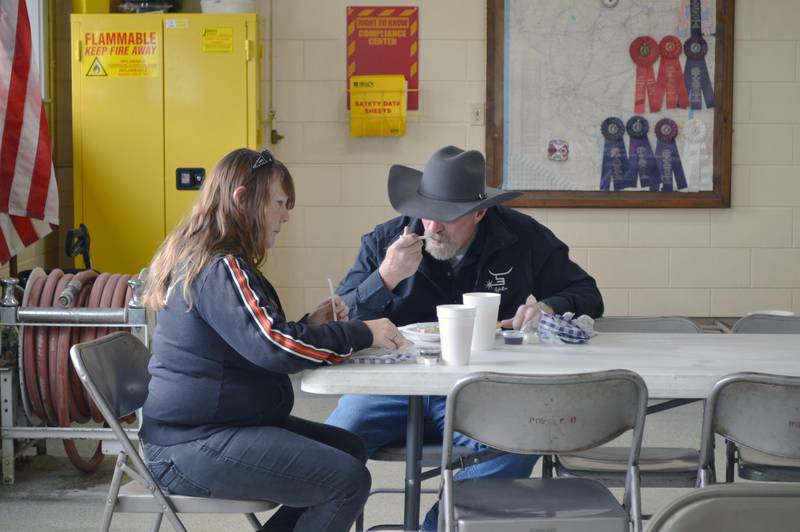 Jeff and Tymi Currens, of rural Polo, enjoy breakfast during the Polo Fire Protection District's annual spring breakfast fundraiser on April 30, 2023. The menu included biscuits and gravy, scrambled eggs, sausage links, pancakes, coffee and orange juice. A total of 479 people were served, and $4,202.17 raised to go toward the purchase of new equipment for the fire district.