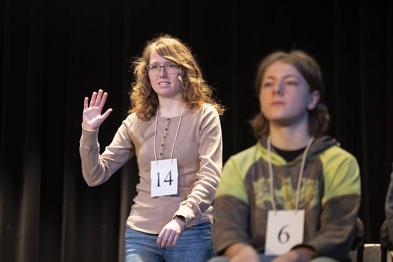 Charlie Frankenberry of St. Paul Lutheran comes on stage Thursday, Feb. 19, 2026, during the Lee-Ogle-Whiteside County Regional Spelling Bee. Frankenberry missed in round 5 on the word centaur.