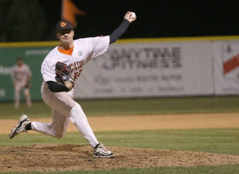 Pistol Shrimp's Jared Herzog of Ottawa, delivers a pitch to Rex during the Prospect League Championship on Wednesday, Aug. 7, 2024 at Schweickert Stadium in Peru.