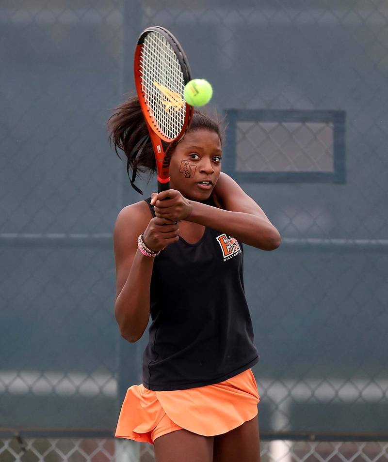 Elgin AcademyÕs Addison Lanton in the 1A Singles Final match at the IHSA State Tennis Finals Saturday October 21, 2023 in Buffalo Grove.