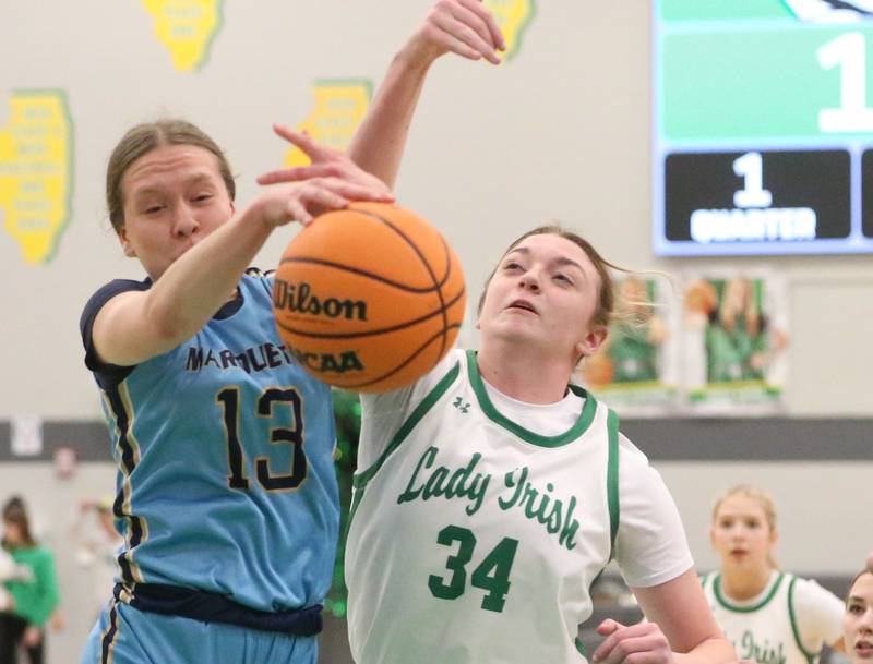 Marquette's Emily Ryan-Adair blocks a shot from Seneca's Tessa Krull on Thursday, Feb. 5, 2026 at Seneca High School.