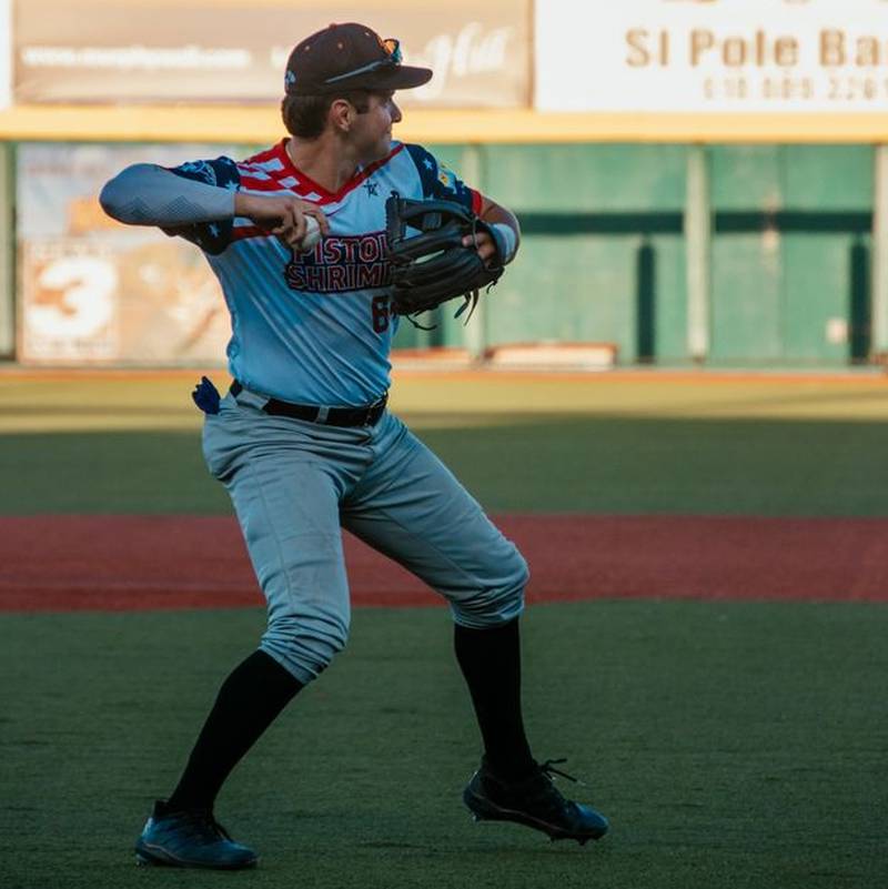 Chris Esquivel gets set to throw the ball to first base during the Illinois Valley Pistol Shrimp's 7-5 loss to the Thrillville Thrillbillies on Friday, July 5, 2024 in Marion, Ill.