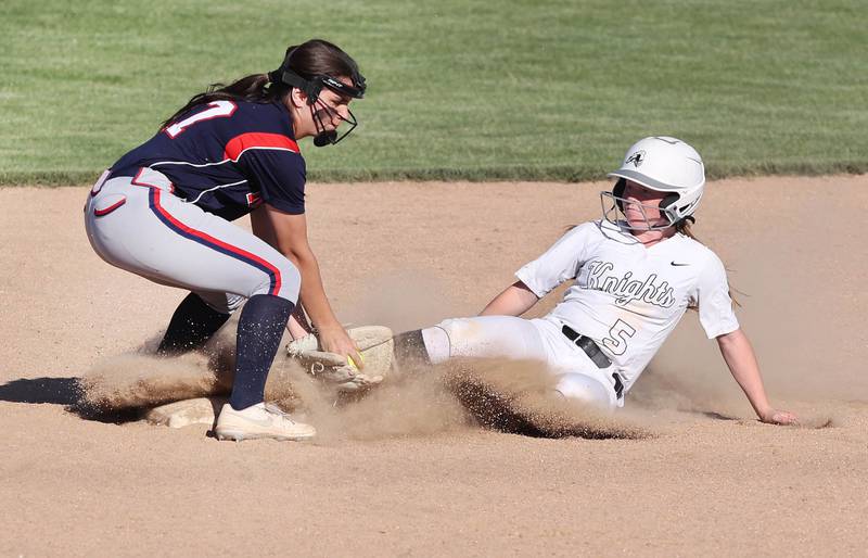 Kaneland's Izzy Stombres is tagged out by Belvidere North's Rylee Koeller as she slides into second Friday, June 3, 2022, during their IHSA Class 3A Sectional final game at Sycamore High School.