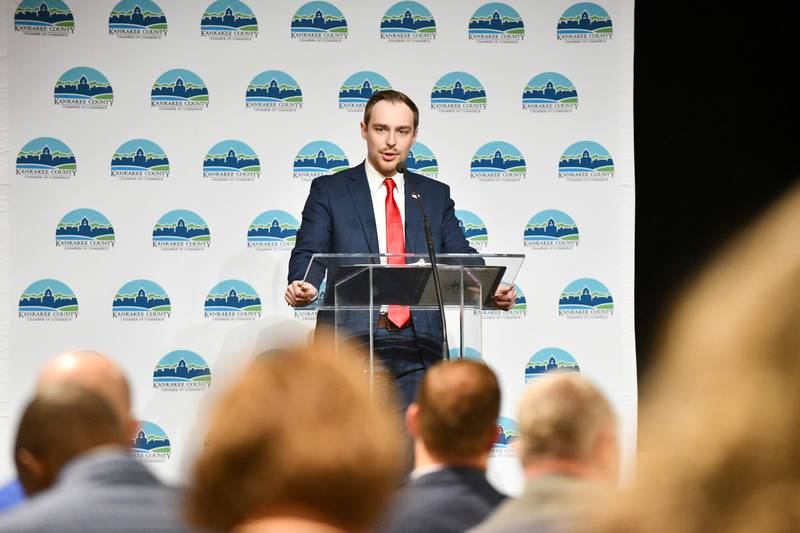 Kankakee County Board Chairman Matthew Alexander-Hildebrand speaks at the 2025 State of the County Address on Tuesday, March, 4, 2025, at Chalfant Hall at Olivet Nazarene University in Bourbonnais, hosted by the Kankakee County Chamber of Commerce.