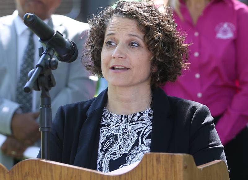Denise Aughenbaugh, Mendota High School superintendent, speaks outside of Lincoln Elementary School on Thursday, May 30, 2024 in Mendota. Illinois Transportation awarded Mendota for new sidewalks that help students more opportunities to walk, bike and roll as part of the Safe Routes to School Program.