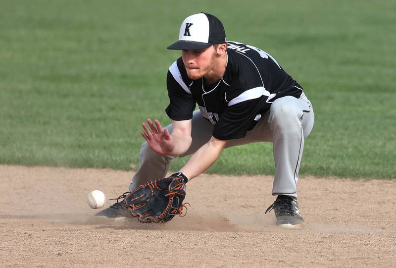 Kaneland's Tom Thill fields a grounder at second during their game against Sycamore Monday, April 22, 2024, at the Sycamore Community Sports Complex.