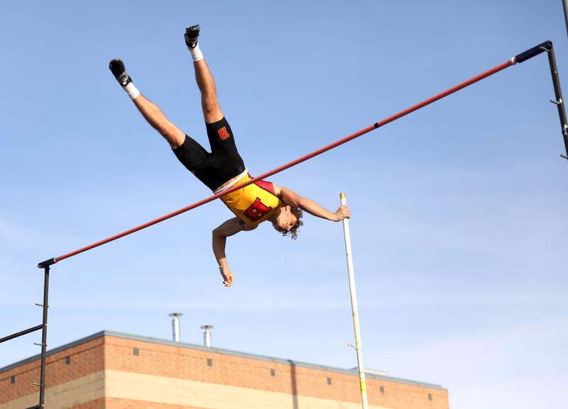 Batavia’s Nicholas Fortino competes in the pole vault during the Class 3A St. Charles North Sectional on Thursday, May 19, 2022.