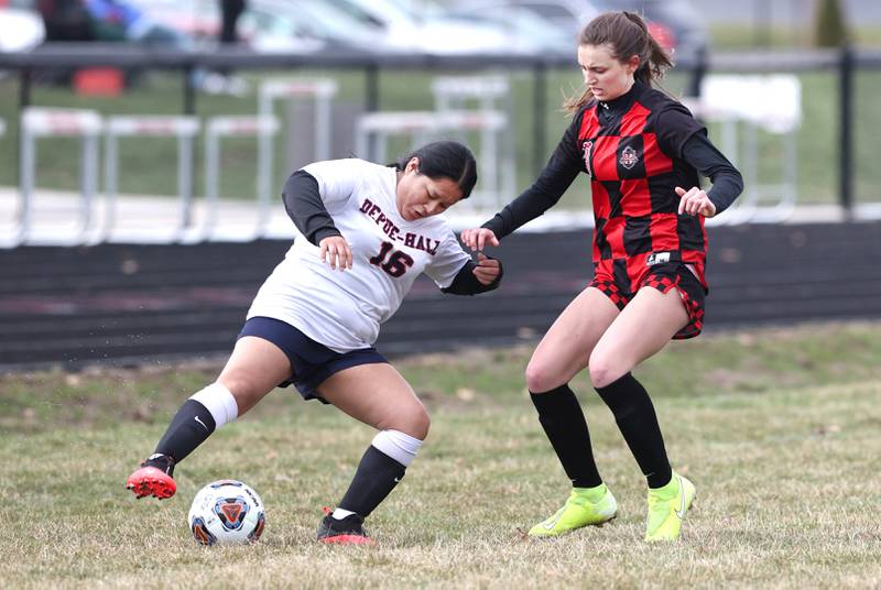 DePue's Miriam Sis tries to get by Indian Creek's Isabella Turner during their game Tuesday, April 5, 2022, at Indian Creek Middle School in Waterman.