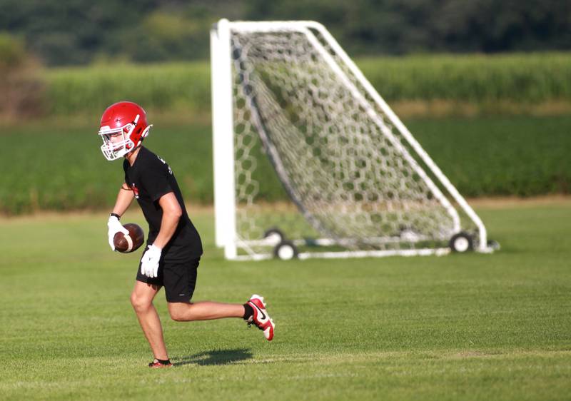 Yorkville’s Colton Spychalski makes a catch during a 7 on 7 football tournament on Tuesday, July 15, 2025 at Kaneland High School in Maple Park.