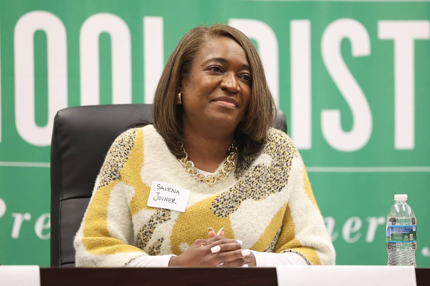 Candidate for Plainfield District 202 Board Savena Joiner answers a question at a moderated forum for the candidates at the District 202 office on Thursday, March 16th, 2023 in Plainfield.