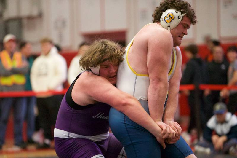Hampshire's Joey Ochoa competes against Glenbrook South's Drew Duffy in the 295 lb 3rd place match at the Class 3A Sectional at Barrington High School on Saturday, Feb. 11, 2023.