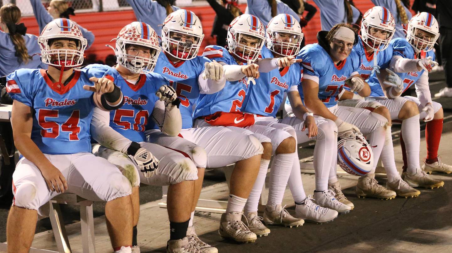 Ottawa football seniors pose for a photo on Friday, Oct. 24, 2025 on Kingman Field at Ottawa High School.