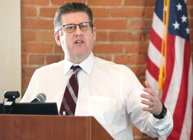 Michael Hall, Sycamore city manager, speaks during the State of the Community address Thursday, May 11, 2023, in the DeKalb County Community Foundation Freight Room in Sycamore. The event was hosted by the Sycamore Chamber of Commerce.