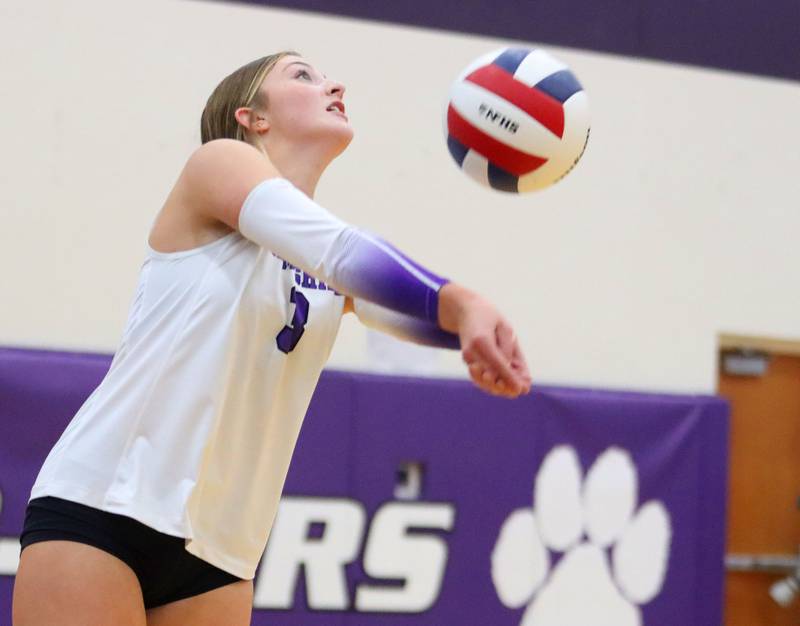 Hampshire’s Lily Ingve plays the ball against Libertyville in an IHSA volleyball Class 4A Sectional Championship at Hampshire High School in Hampshire on Thursday, November 6, 2025.