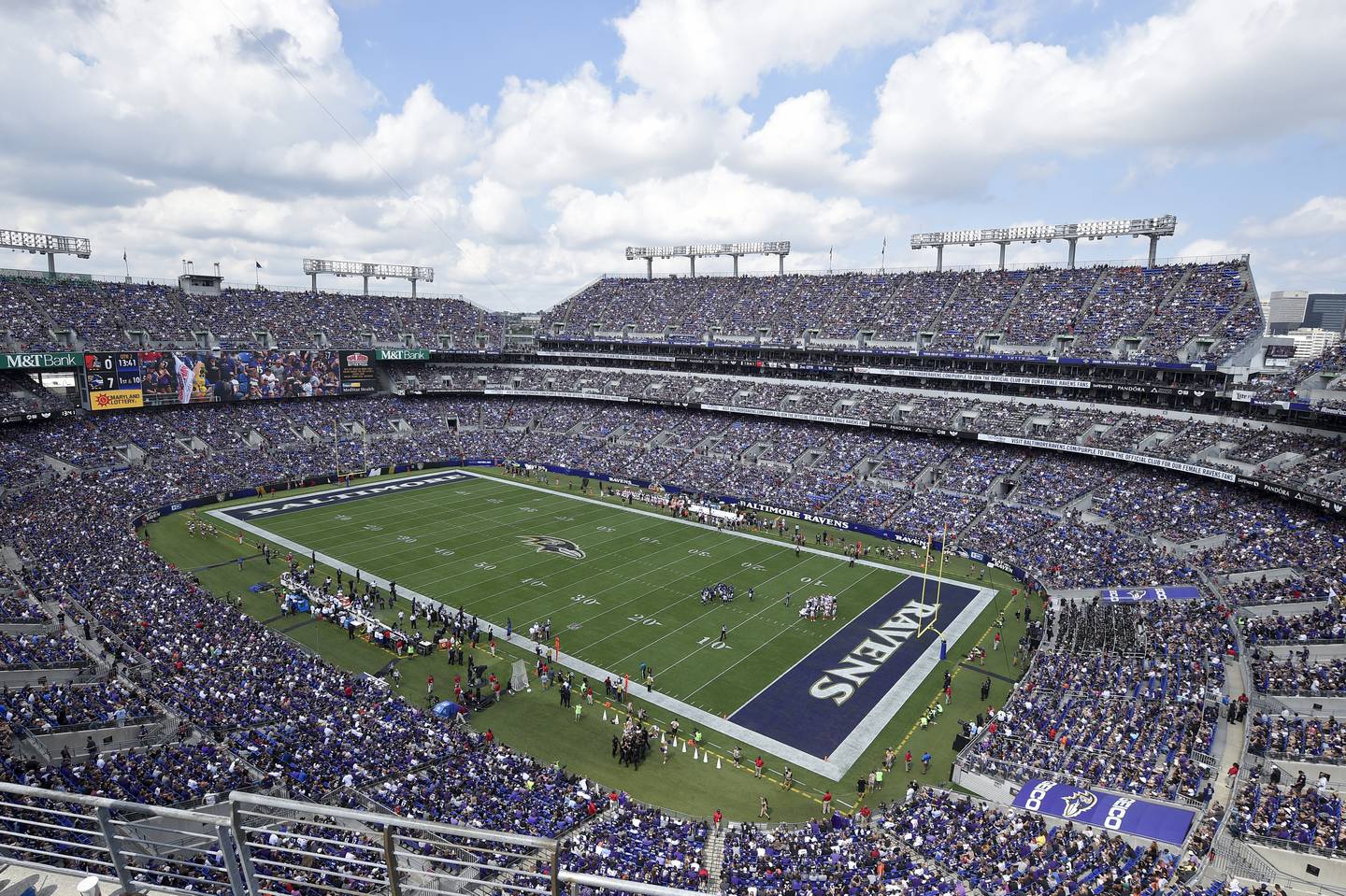 The Baltimore Ravens and Cleveland Browns battle in M&T Bank Stadium during the first half of an NFL football game against in Baltimore, Sunday, Sept. 17, 2017. (AP Photo/Nick Wass)
