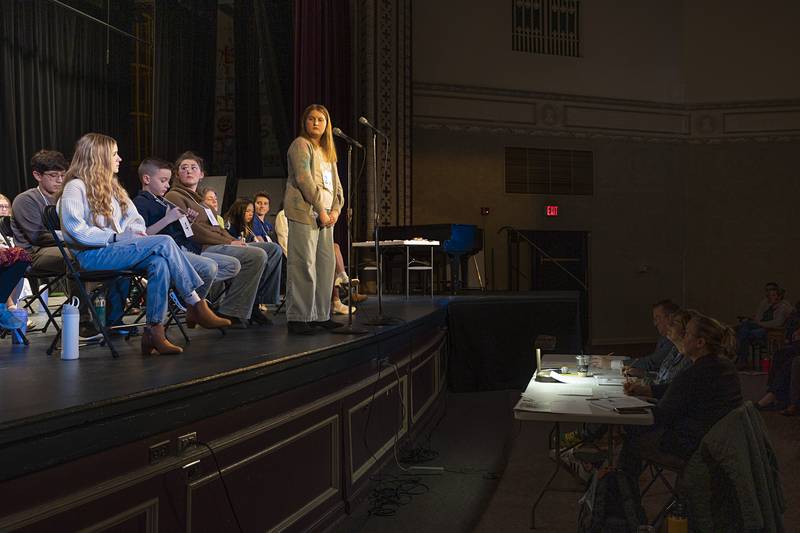 Emma Hatfield of Tilton Elementary School competes Thursday, Feb. 19, 2026, during the Lee-Ogle-Whiteside County Regional Spelling Bee. Hatfield battled it out to round 11, missing on the word "festooned". Hatfield took second in the bee.