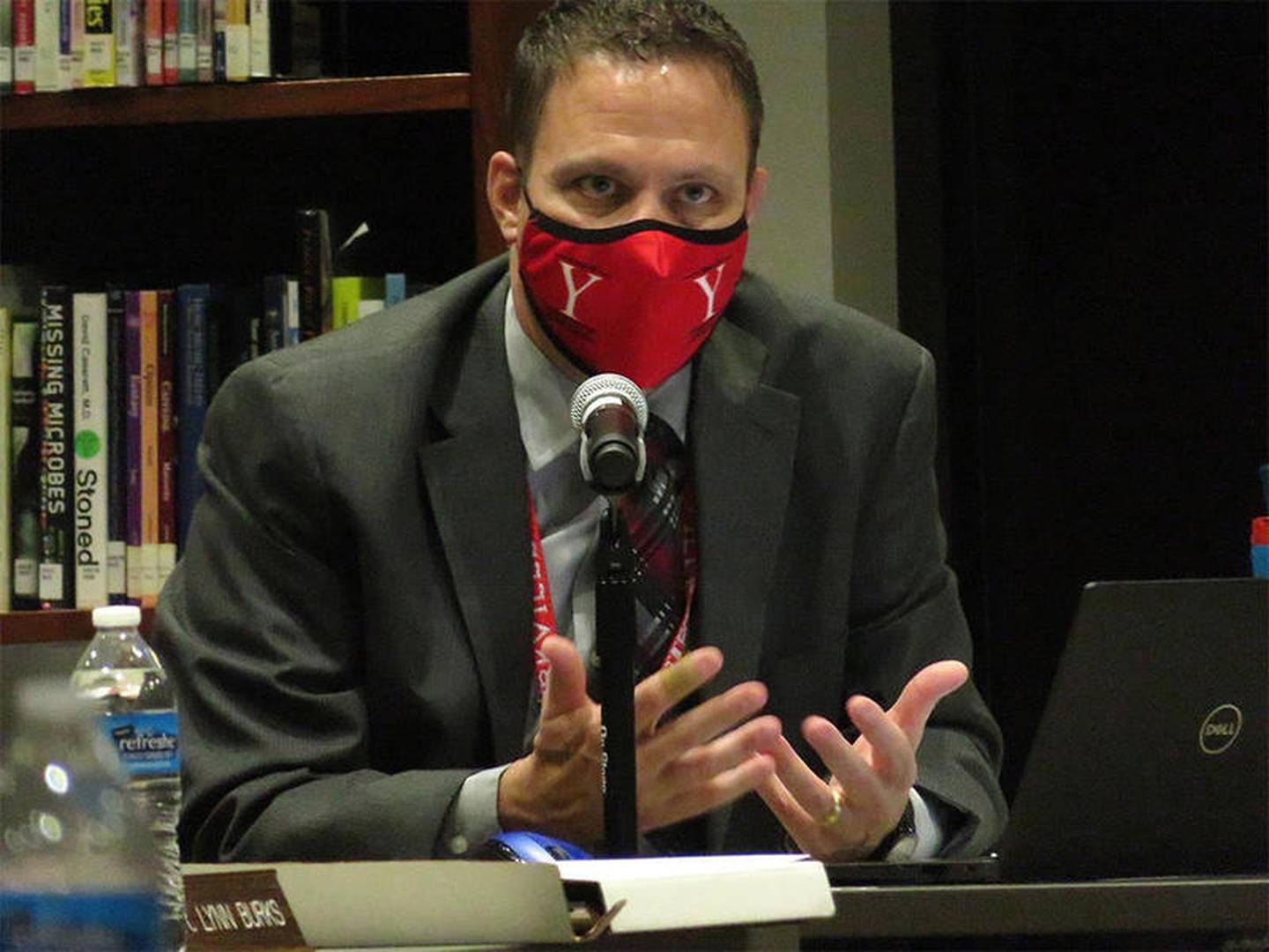 FILE PHOTO: Yorkville School District 115 Superintendent Tim Shimp talks during the district's Monday, Sept. 28 Board of Education meeting at the Yorkville High School library.