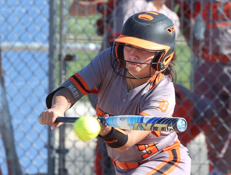 DeKalb's Emma Hart lays down a bunt Thursday, May 8, 2025, during their game at Genoa-Kingston High School.