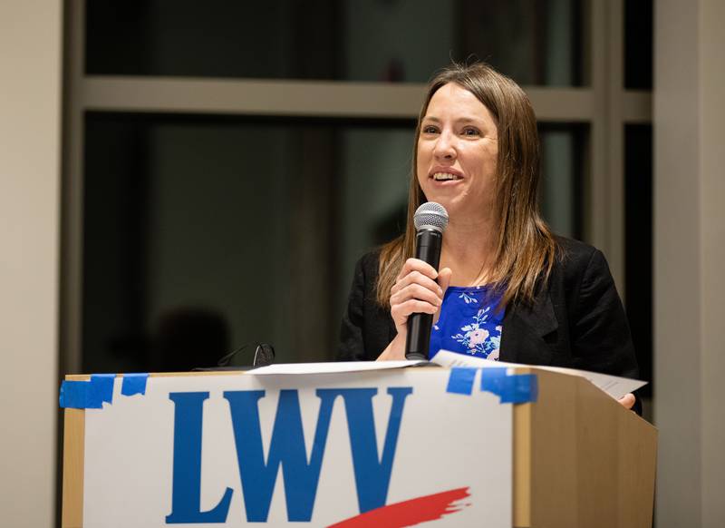 Geneva School District 304 Board Member Candidate Stephanie Bellino speaks during the League of Women Voters' Public Forum at the Geneva Public Library on Thursday, Feb. 16, 2023. Bellino is seeking one of two, two-year terms.