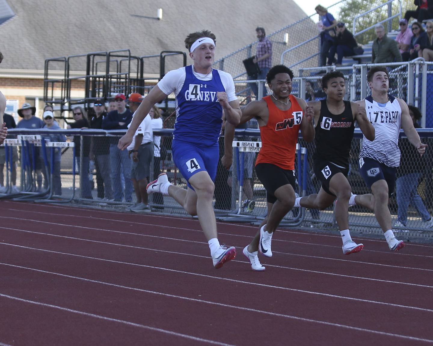 Geneva's Bennett Konkey wins the 100m at the DuKane Conference Boys Track and Field meet.  May 15, 2026 in St Charles.