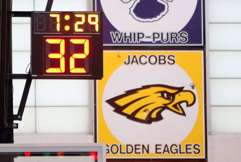 The shot clock ticks away as Crystal Lake South faces Lakes in varsity boys basketball Hinkle Holiday Classic action on Friday, Dec. 26, 2025, at Jacobs High School in Algonquin.