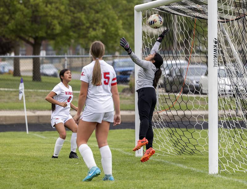 Oregon goalkeeper Mili Zavala is just able to keep the ball out of the net against Dixon Friday, May 1, 2026.