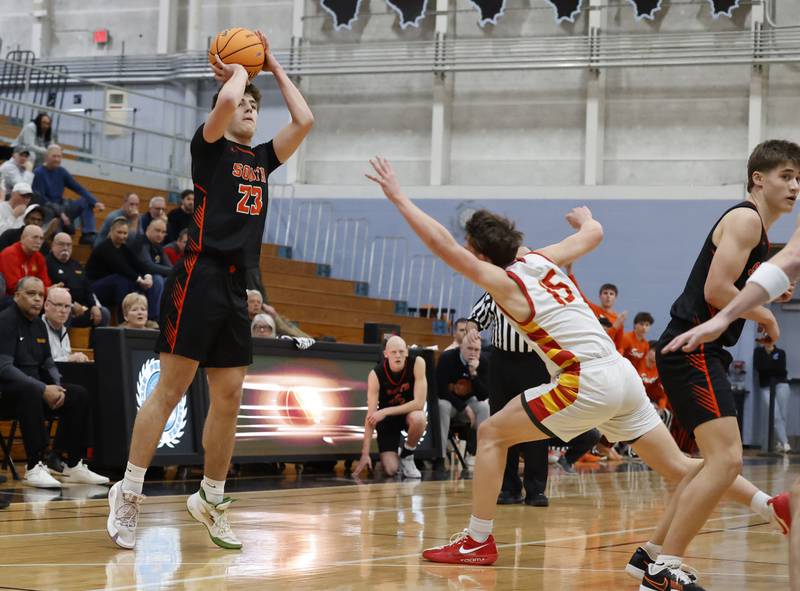 Wheaton Warrenville South's David Showman (23) takes a shot during the IHSA boys class 4A Willowbrook regional final between Wheaton Warrenville South and Batavia on Friday, Feb. 27, 2026 in Villa Park, IL.