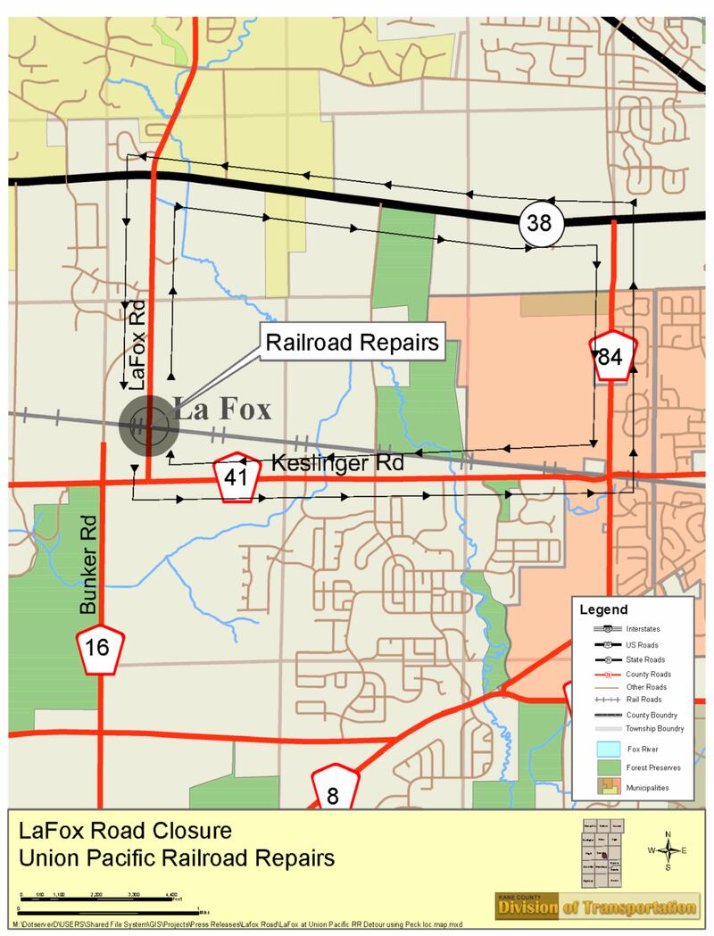 The Union Pacific Railroad will be closing La Fox Road at the Union Pacific Railroad crossing approximately 1,500 feet north of Keslinger Road in the Village of La Fox on Monday, May 22, 2023
