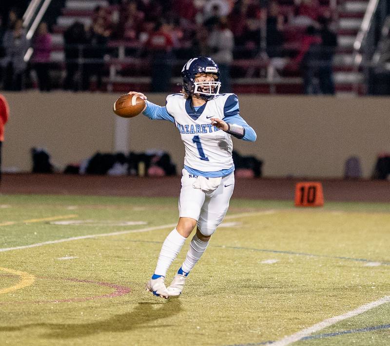 Nazareth Academy's Logan Malachuk (1) throws a pass against Benet Academy during a football game at Benedictine University in Lisle on Friday, Oct 21, 2022.