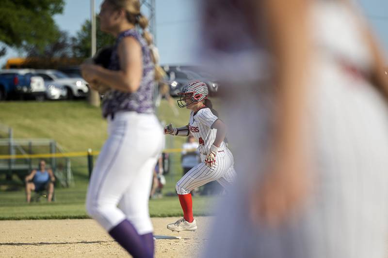 Fulton’s Zoe Kunau rounds second on her two-run walk off homer to defeat Orangeville Tuesday, May 26, 2026, at the Eastland Class 1A softball sectional quarterfinal.